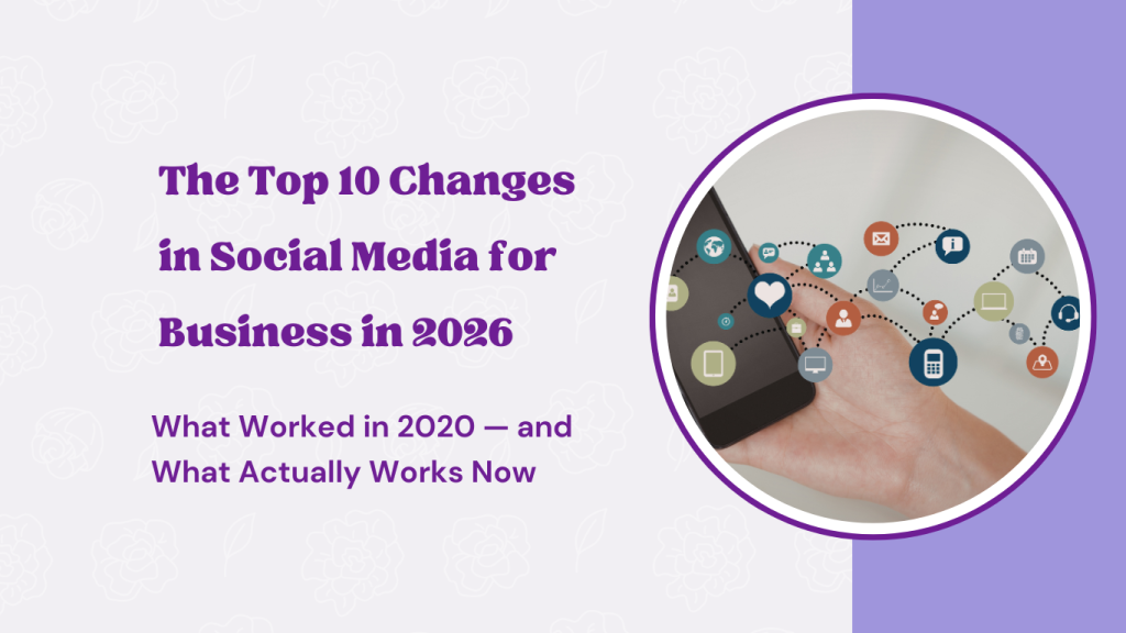 The Top 10 Changes in Social Media for Business in 2026. Images of a cell phone with social media icons. Reduce the Chaos serves small business owners who want social media support.